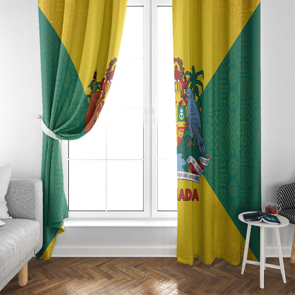 Grenada Coat of Arms Window Curtain with Yellow Green Flag Colors and Tribal Pattern Design - Wonder Print Shop