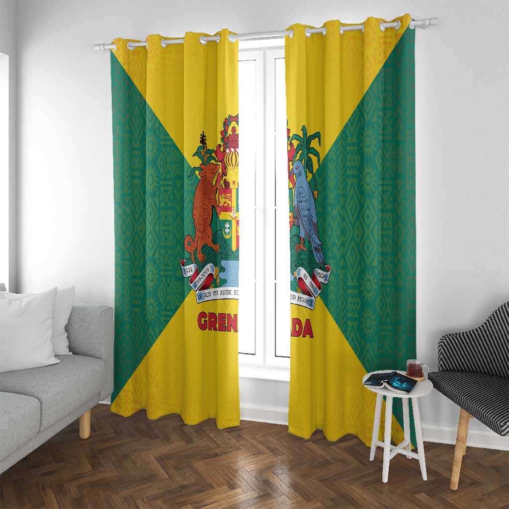Grenada Coat of Arms Window Curtain with Yellow Green Flag Colors and Tribal Pattern Design - Wonder Print Shop