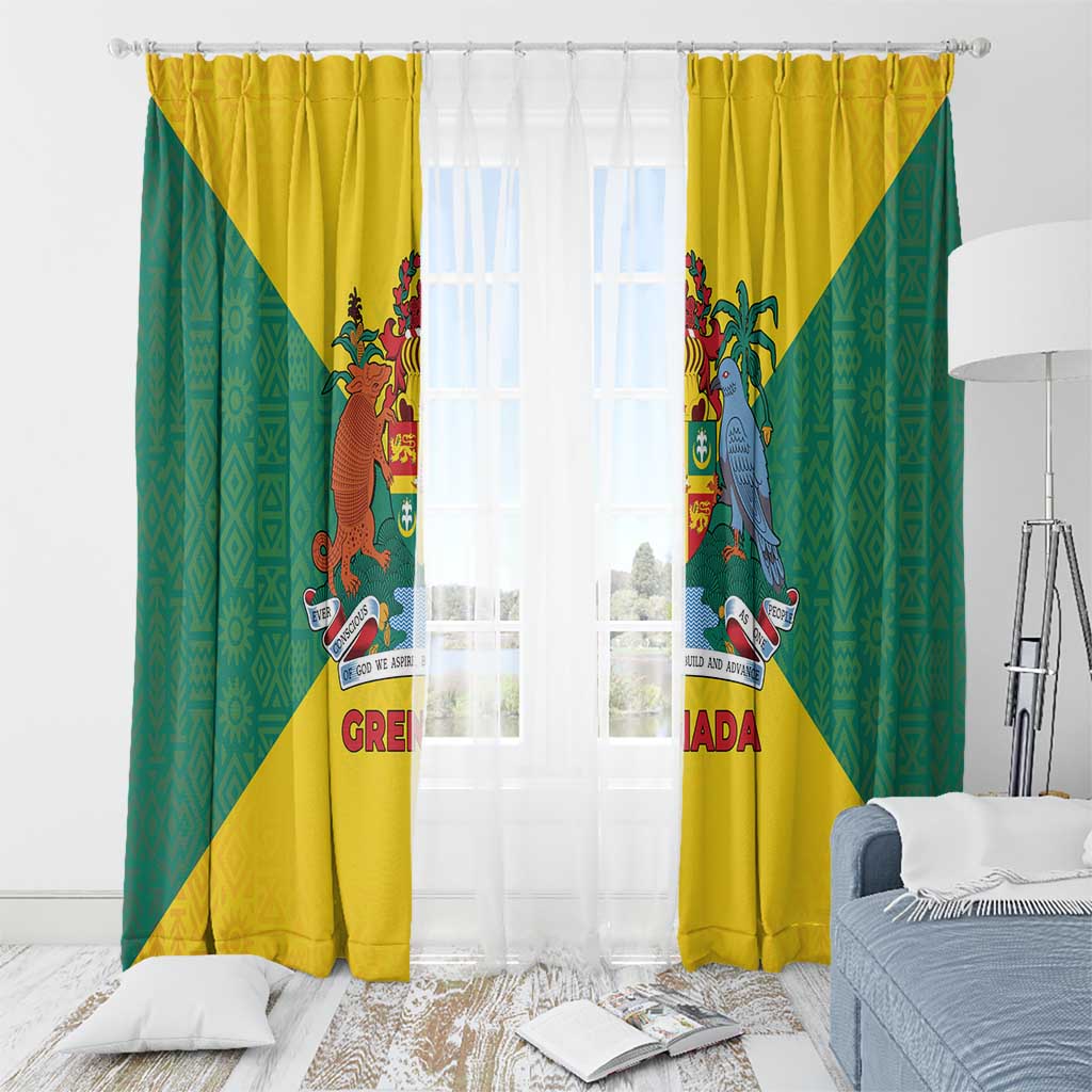 Grenada Coat of Arms Window Curtain with Yellow Green Flag Colors and Tribal Pattern Design - Wonder Print Shop