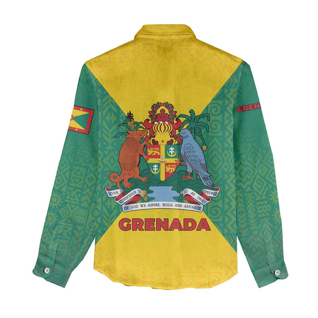 Grenada Coat of Arms Women Casual Shirt with Yellow Green Flag Colors and Tribal Pattern Design - Wonder Print Shop