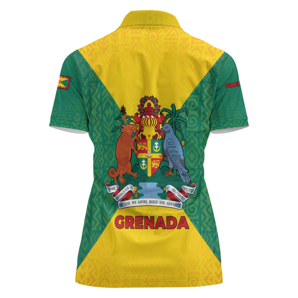 Grenada Coat of Arms Women Polo Shirt with Yellow Green Flag Colors and Tribal Pattern Design - Wonder Print Shop