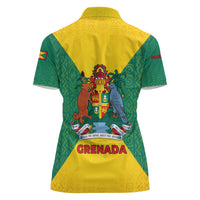 Grenada Coat of Arms Women Polo Shirt with Yellow Green Flag Colors and Tribal Pattern Design - Wonder Print Shop