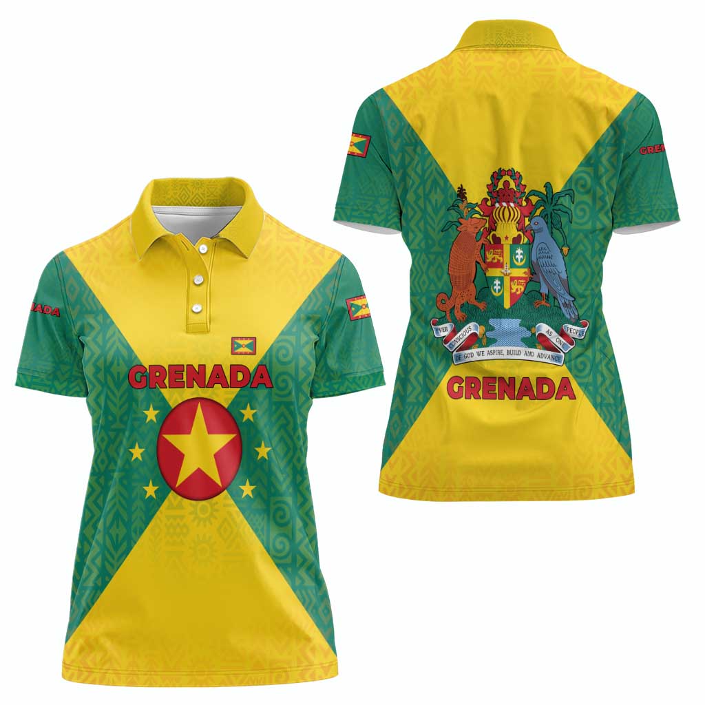 Grenada Coat of Arms Women Polo Shirt with Yellow Green Flag Colors and Tribal Pattern Design - Wonder Print Shop