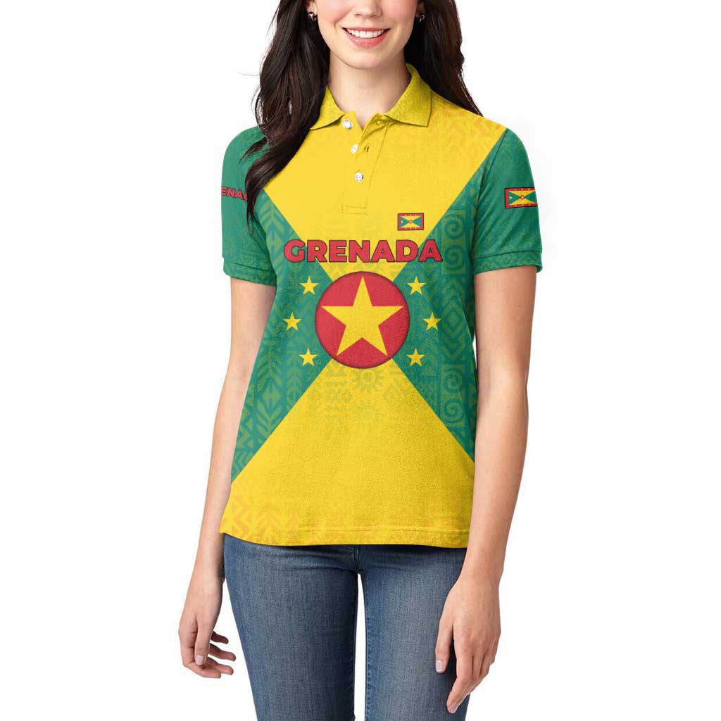 Grenada Coat of Arms Women Polo Shirt with Yellow Green Flag Colors and Tribal Pattern Design - Wonder Print Shop