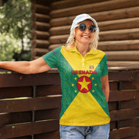 Grenada Coat of Arms Women Polo Shirt with Yellow Green Flag Colors and Tribal Pattern Design - Wonder Print Shop