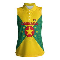 Grenada Coat of Arms Women Sleeveless Polo Shirt with Yellow Green Flag Colors and Tribal Pattern Design - Wonder Print Shop