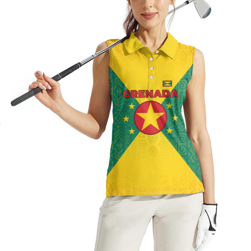 Grenada Coat of Arms Women Sleeveless Polo Shirt with Yellow Green Flag Colors and Tribal Pattern Design - Wonder Print Shop