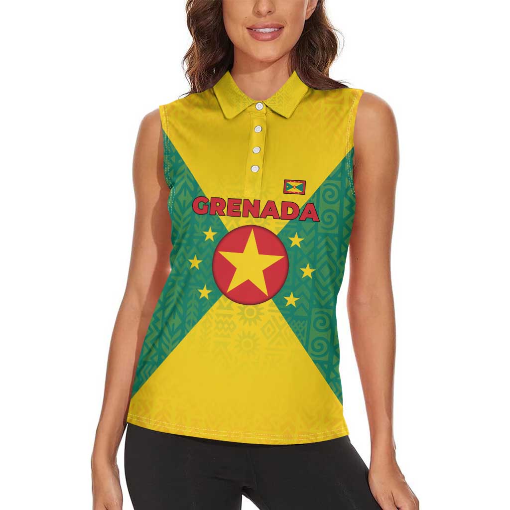Grenada Coat of Arms Women Sleeveless Polo Shirt with Yellow Green Flag Colors and Tribal Pattern Design - Wonder Print Shop