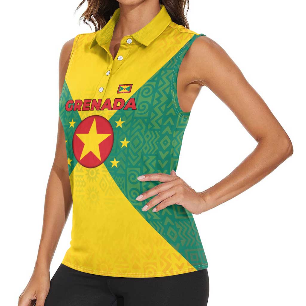 Grenada Coat of Arms Women Sleeveless Polo Shirt with Yellow Green Flag Colors and Tribal Pattern Design - Wonder Print Shop