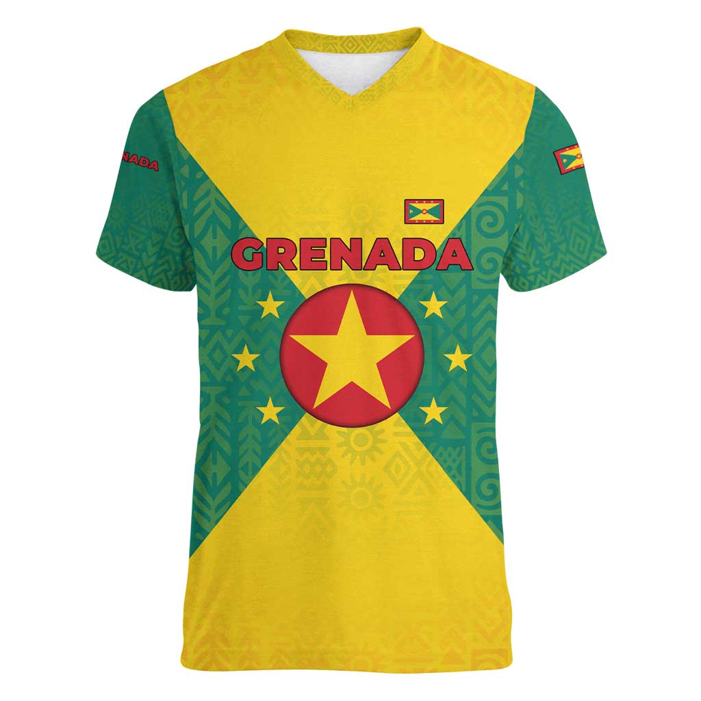 Grenada Coat of Arms Women V-Neck T-Shirt with Yellow Green Flag Colors and Tribal Pattern Design - Wonder Print Shop