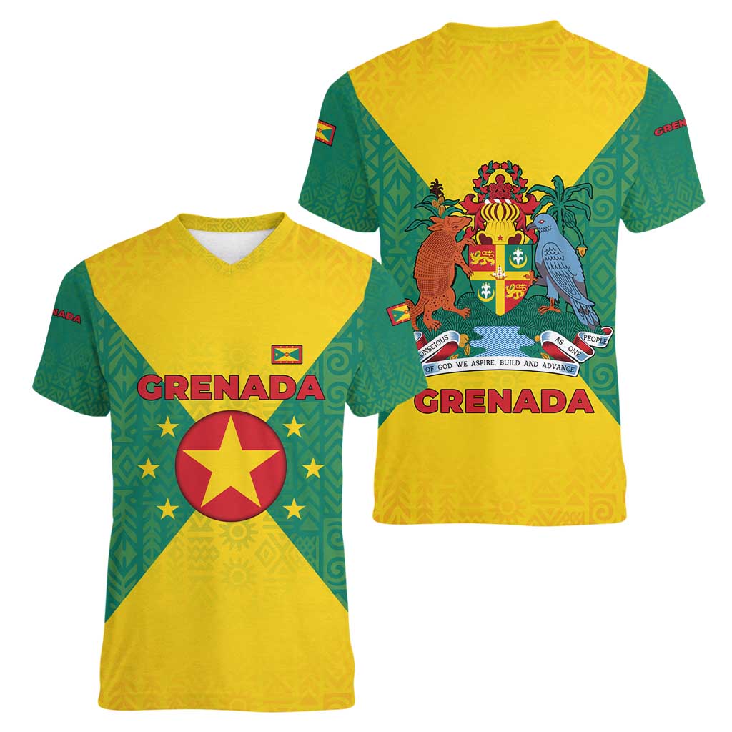 Grenada Coat of Arms Women V-Neck T-Shirt with Yellow Green Flag Colors and Tribal Pattern Design - Wonder Print Shop