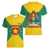 Grenada Coat of Arms Women V-Neck T-Shirt with Yellow Green Flag Colors and Tribal Pattern Design - Wonder Print Shop