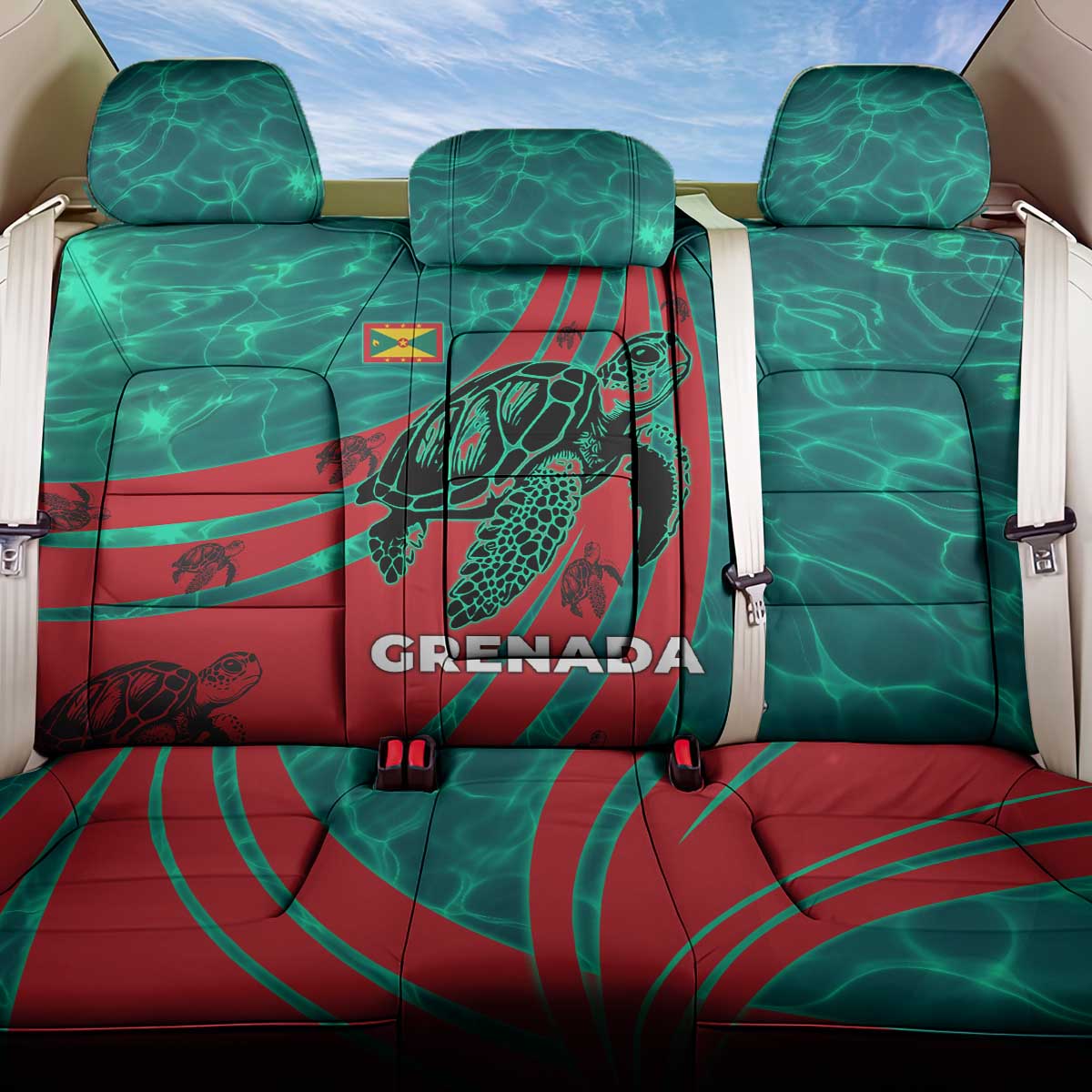 Grenada Sea Turtle Back Car Seat Cover with Red Wave Stripes and Ocean Water Background - Wonder Print Shop