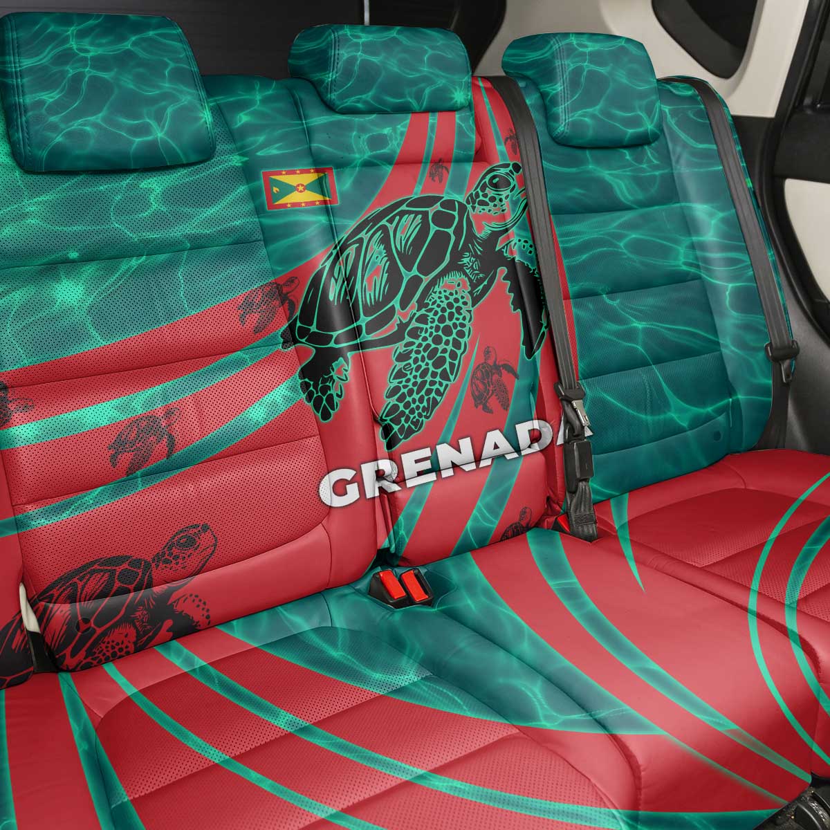 Grenada Sea Turtle Back Car Seat Cover with Red Wave Stripes and Ocean Water Background - Wonder Print Shop
