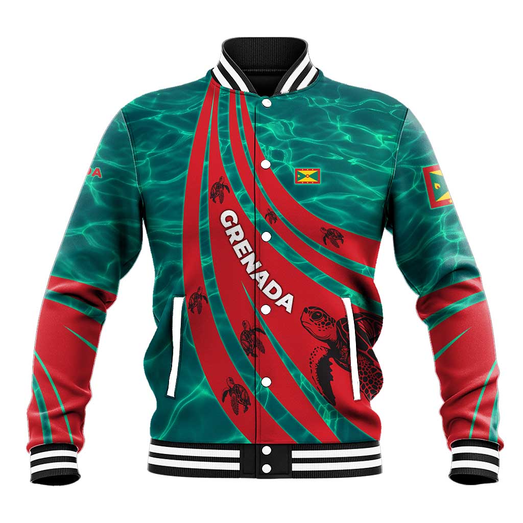 Grenada Sea Turtle Baseball Jacket with Red Wave Stripes and Ocean Water Background - Wonder Print Shop