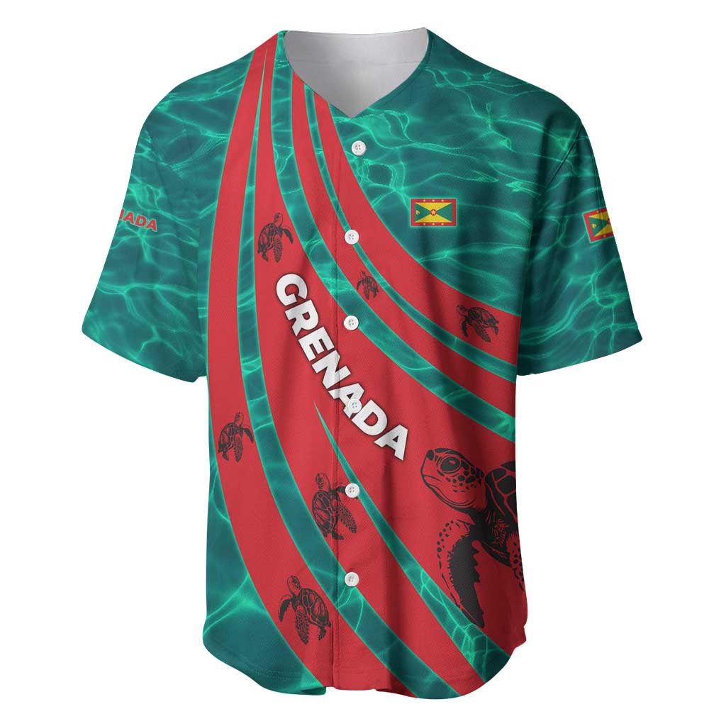 Grenada Sea Turtle Baseball Jersey with Red Wave Stripes and Ocean Water Background - Wonder Print Shop