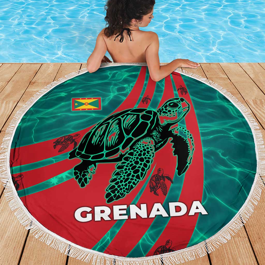 Grenada Sea Turtle Beach Blanket with Red Wave Stripes and Ocean Water Background - Wonder Print Shop