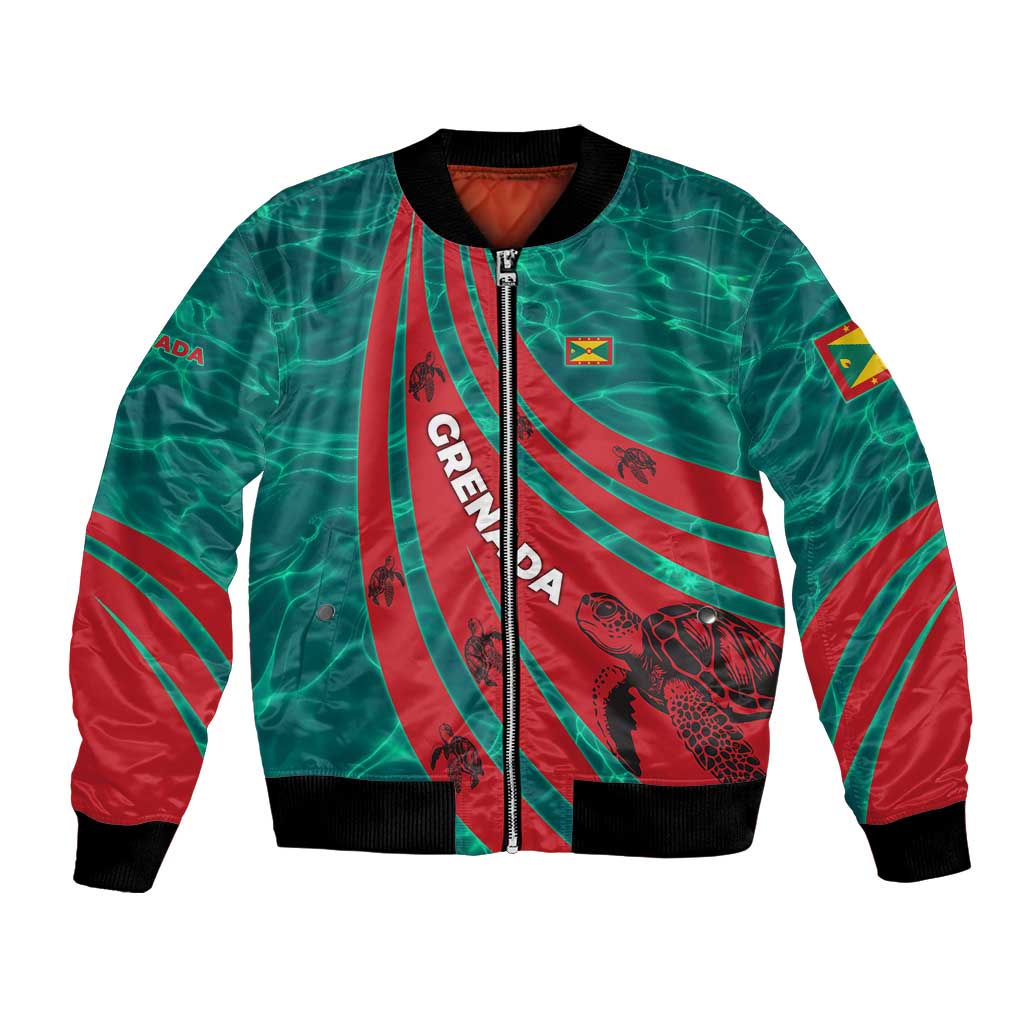 Grenada Sea Turtle Bomber Jacket with Red Wave Stripes and Ocean Water Background - Wonder Print Shop