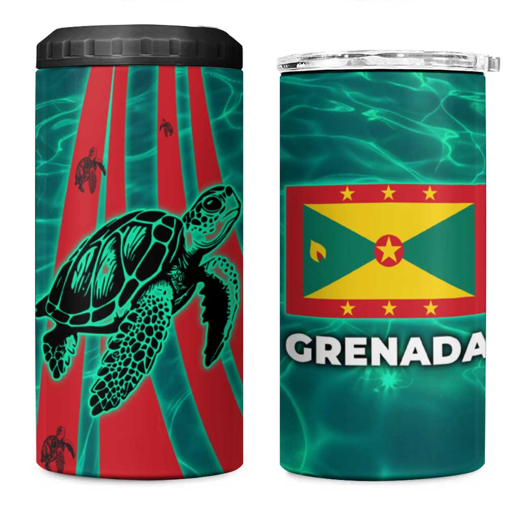 Grenada Sea Turtle 4 in 1 Can Cooler Tumbler with Red Wave Stripes and Ocean Water Background - Wonder Print Shop