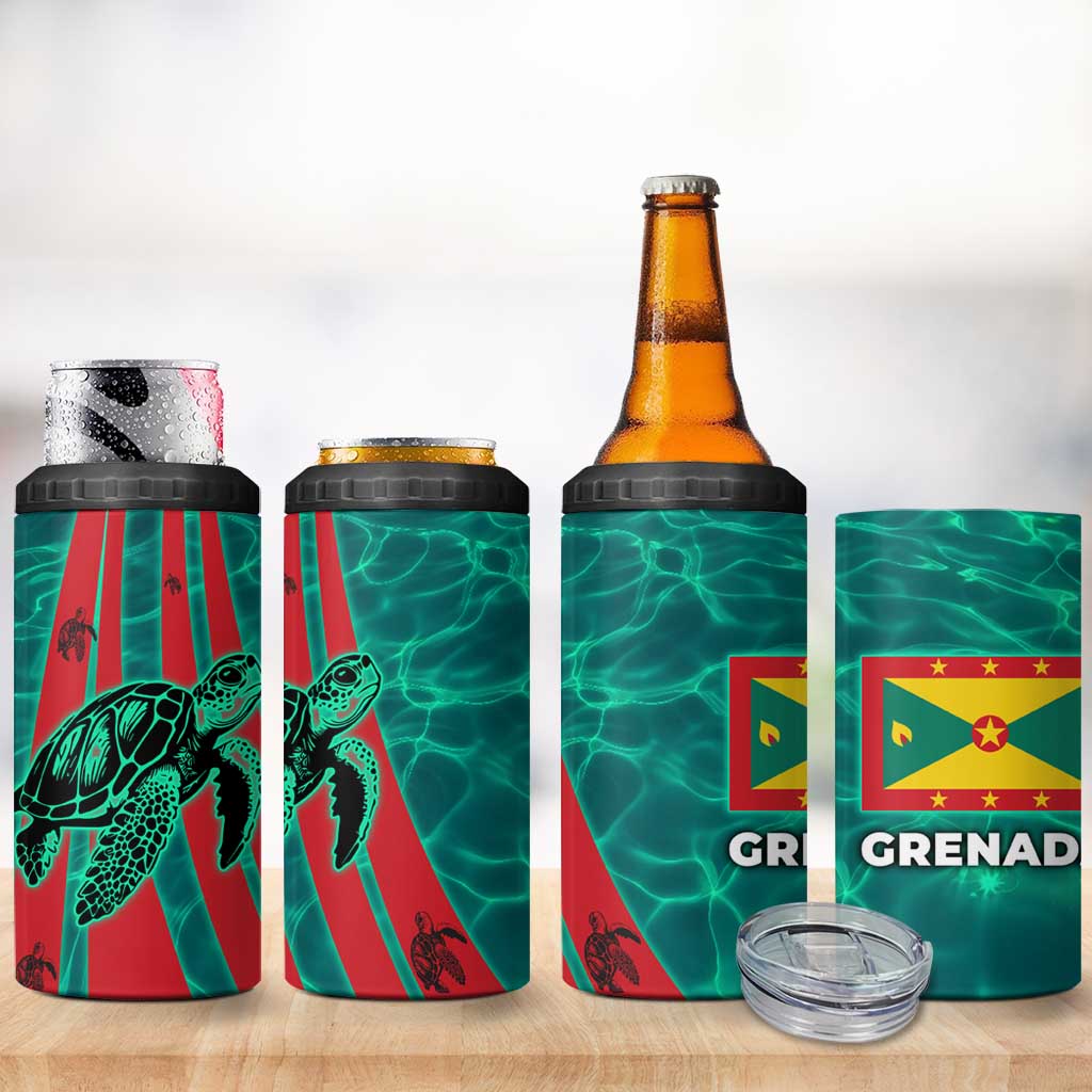 Grenada Sea Turtle 4 in 1 Can Cooler Tumbler with Red Wave Stripes and Ocean Water Background - Wonder Print Shop