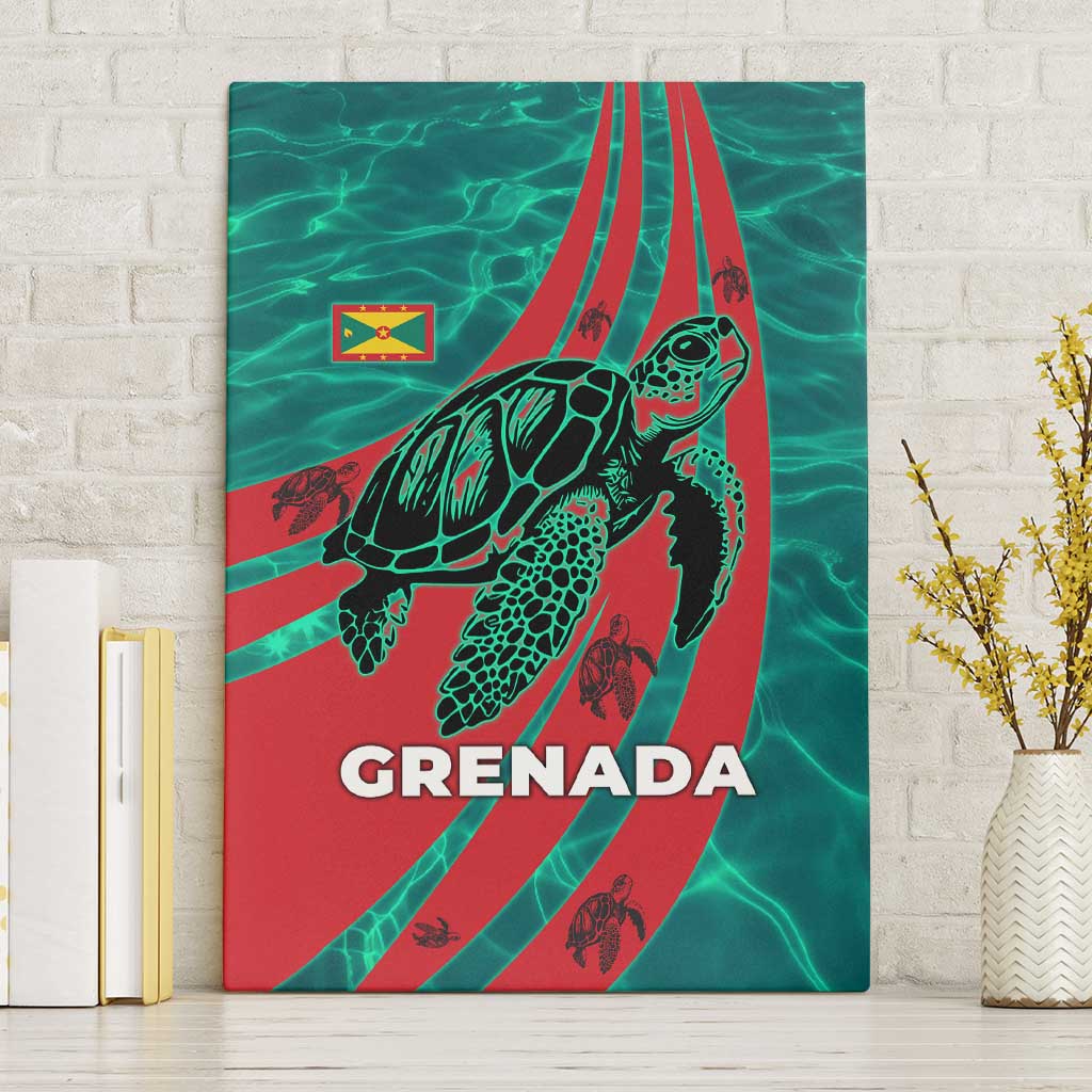 Grenada Sea Turtle Canvas Wall Art with Red Wave Stripes and Ocean Water Background - Wonder Print Shop