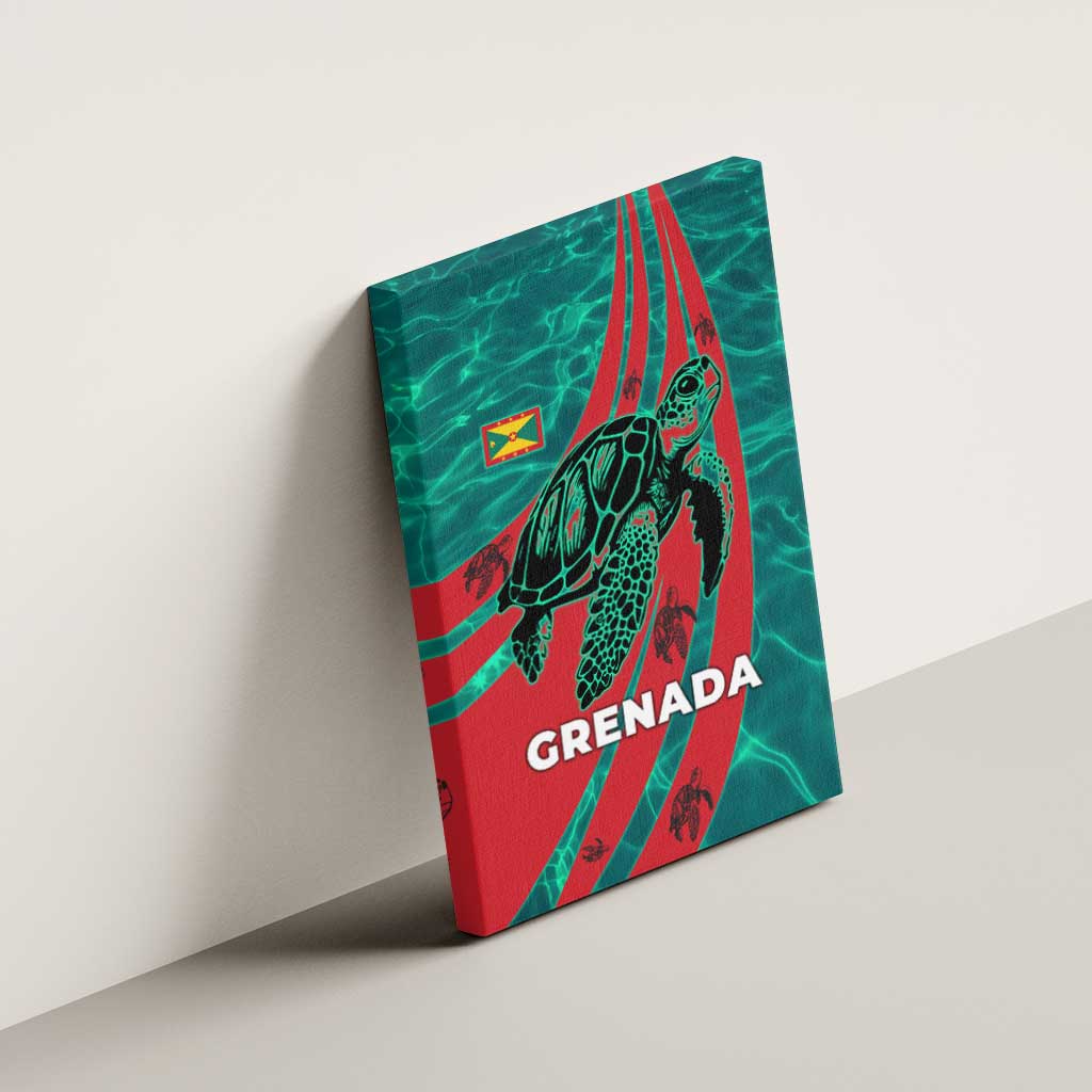 Grenada Sea Turtle Canvas Wall Art with Red Wave Stripes and Ocean Water Background - Wonder Print Shop