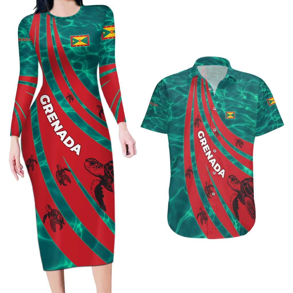 Grenada Sea Turtle Couples Matching Long Sleeve Bodycon Dress and Hawaiian Shirt with Red Wave Stripes and Ocean Water Background - Wonder Print Shop