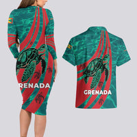 Grenada Sea Turtle Couples Matching Long Sleeve Bodycon Dress and Hawaiian Shirt with Red Wave Stripes and Ocean Water Background - Wonder Print Shop