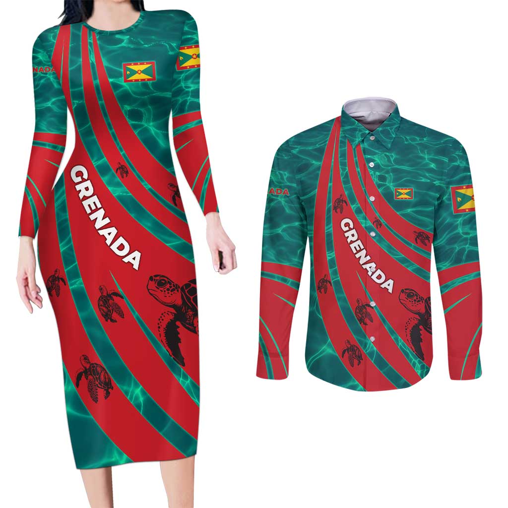 Grenada Sea Turtle Couples Matching Long Sleeve Bodycon Dress and Long Sleeve Button Shirt with Red Wave Stripes and Ocean Water Background - Wonder Print Shop