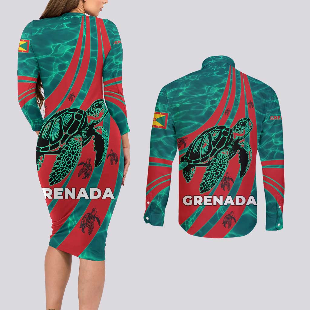 Grenada Sea Turtle Couples Matching Long Sleeve Bodycon Dress and Long Sleeve Button Shirt with Red Wave Stripes and Ocean Water Background - Wonder Print Shop