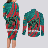 Grenada Sea Turtle Couples Matching Long Sleeve Bodycon Dress and Long Sleeve Button Shirt with Red Wave Stripes and Ocean Water Background - Wonder Print Shop