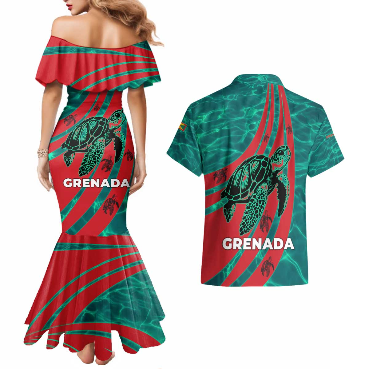 Grenada Sea Turtle Couples Matching Mermaid Dress and Hawaiian Shirt with Red Wave Stripes and Ocean Water Background - Wonder Print Shop