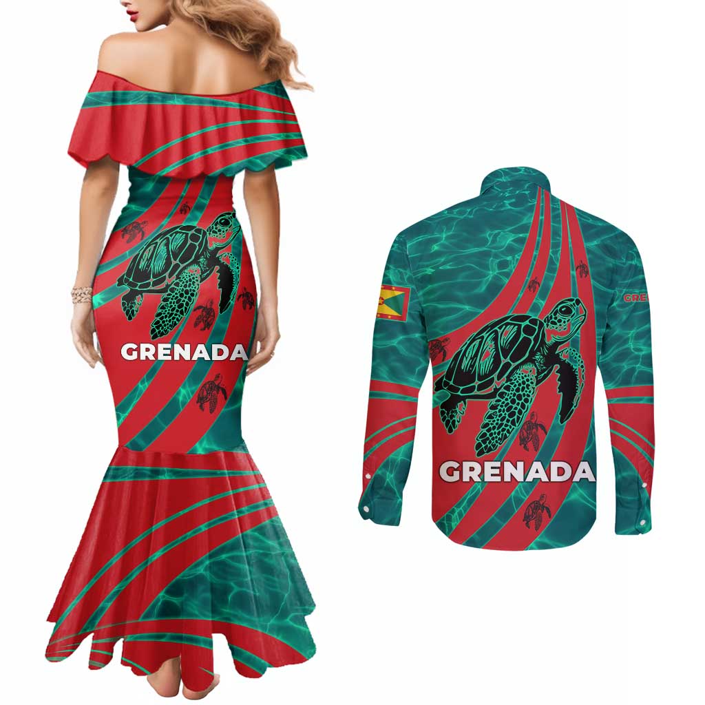 Grenada Sea Turtle Couples Matching Mermaid Dress and Long Sleeve Button Shirt with Red Wave Stripes and Ocean Water Background - Wonder Print Shop