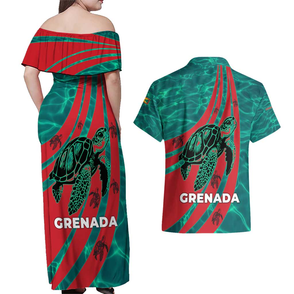 Grenada Sea Turtle Couples Matching Off Shoulder Maxi Dress and Hawaiian Shirt with Red Wave Stripes and Ocean Water Background - Wonder Print Shop