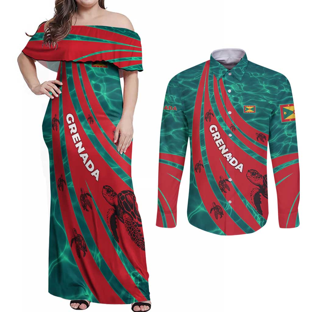 Grenada Sea Turtle Couples Matching Off Shoulder Maxi Dress and Long Sleeve Button Shirt with Red Wave Stripes and Ocean Water Background - Wonder Print Shop