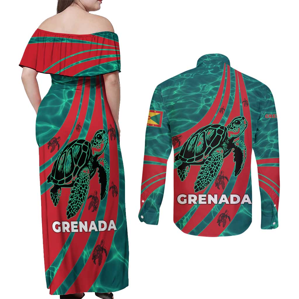 Grenada Sea Turtle Couples Matching Off Shoulder Maxi Dress and Long Sleeve Button Shirt with Red Wave Stripes and Ocean Water Background - Wonder Print Shop