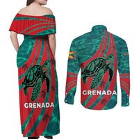 Grenada Sea Turtle Couples Matching Off Shoulder Maxi Dress and Long Sleeve Button Shirt with Red Wave Stripes and Ocean Water Background - Wonder Print Shop