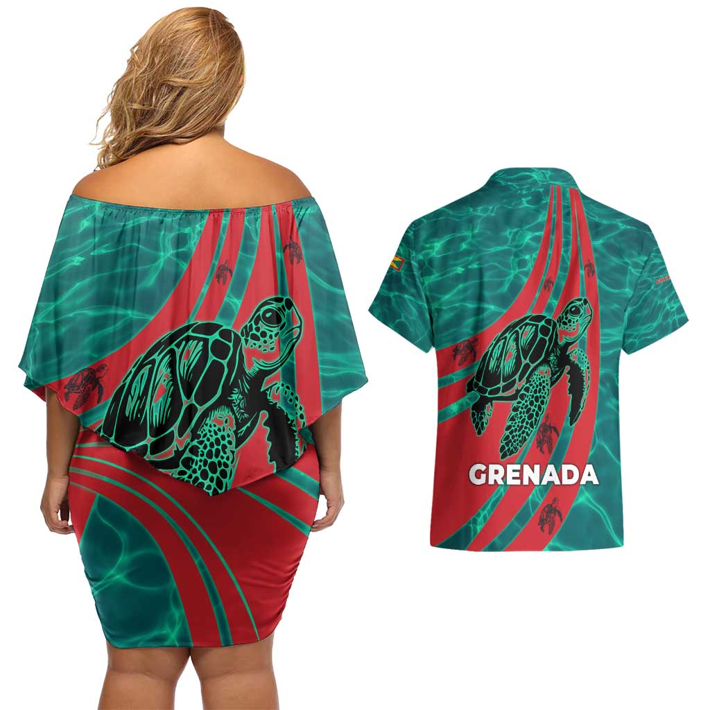 Grenada Sea Turtle Couples Matching Off Shoulder Short Dress and Hawaiian Shirt with Red Wave Stripes and Ocean Water Background - Wonder Print Shop