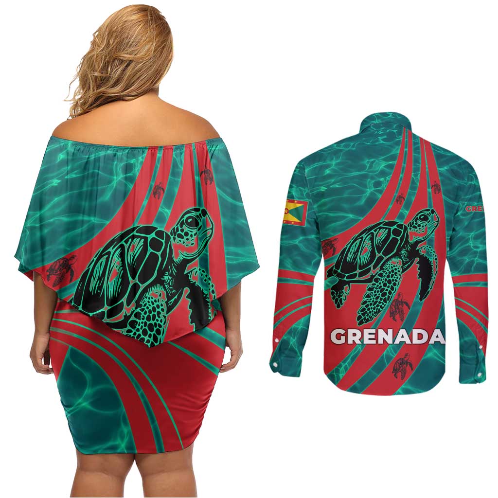 Grenada Sea Turtle Couples Matching Off Shoulder Short Dress and Long Sleeve Button Shirt with Red Wave Stripes and Ocean Water Background - Wonder Print Shop