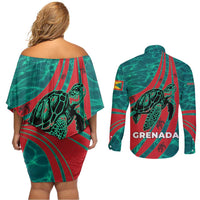 Grenada Sea Turtle Couples Matching Off Shoulder Short Dress and Long Sleeve Button Shirt with Red Wave Stripes and Ocean Water Background - Wonder Print Shop