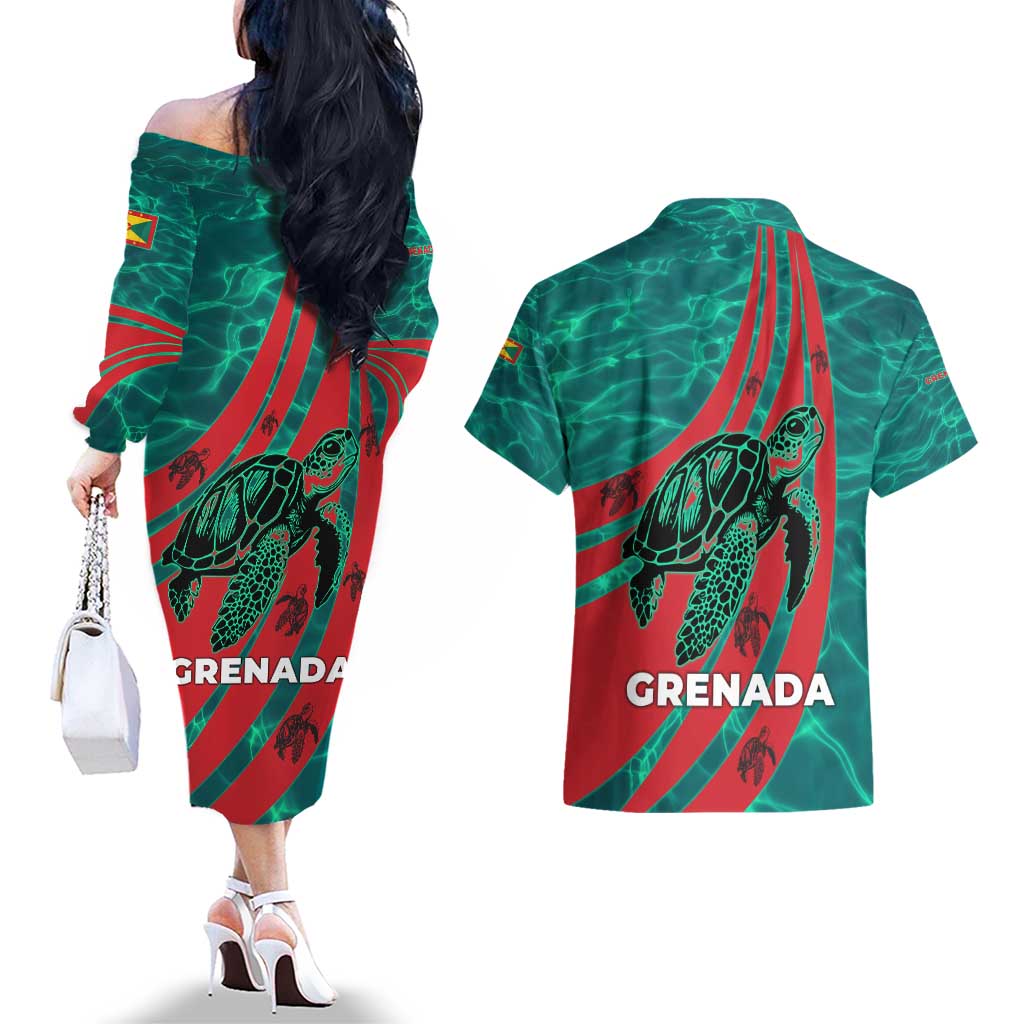 Grenada Sea Turtle Couples Matching Off The Shoulder Long Sleeve Dress and Hawaiian Shirt with Red Wave Stripes and Ocean Water Background - Wonder Print Shop