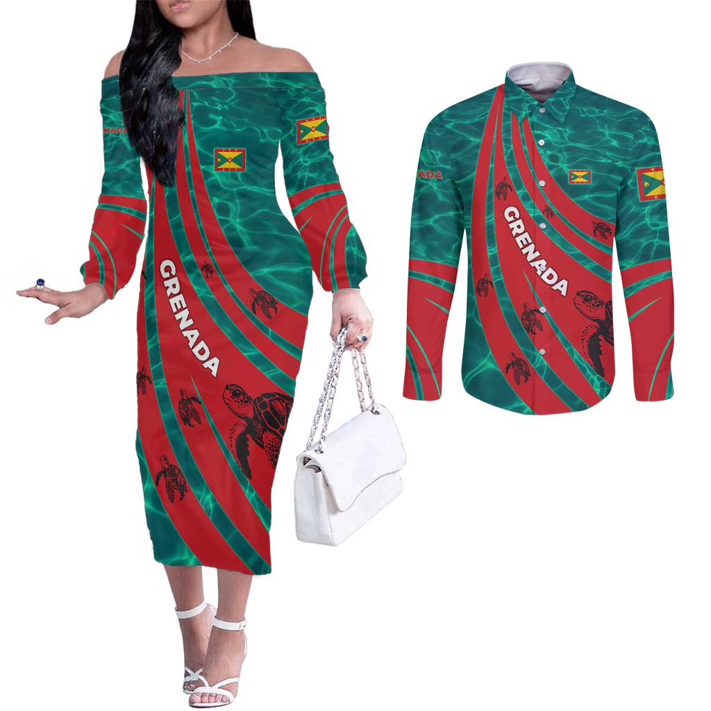Grenada Sea Turtle Couples Matching Off The Shoulder Long Sleeve Dress and Long Sleeve Button Shirt with Red Wave Stripes and Ocean Water Background - Wonder Print Shop