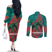 Grenada Sea Turtle Couples Matching Off The Shoulder Long Sleeve Dress and Long Sleeve Button Shirt with Red Wave Stripes and Ocean Water Background - Wonder Print Shop