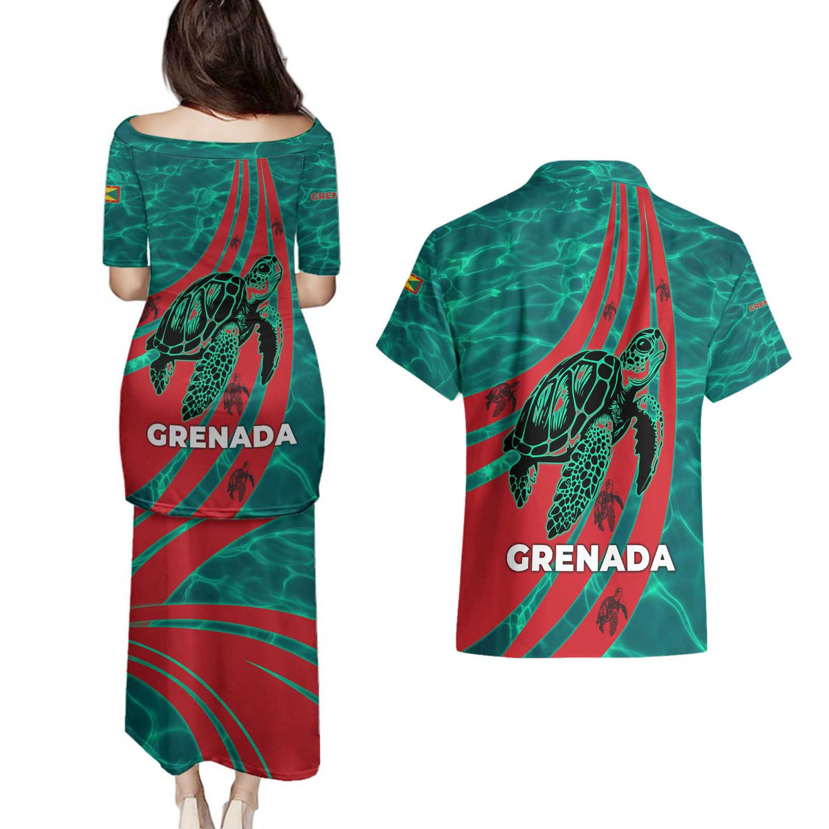 Grenada Sea Turtle Couples Matching Puletasi and Hawaiian Shirt with Red Wave Stripes and Ocean Water Background - Wonder Print Shop