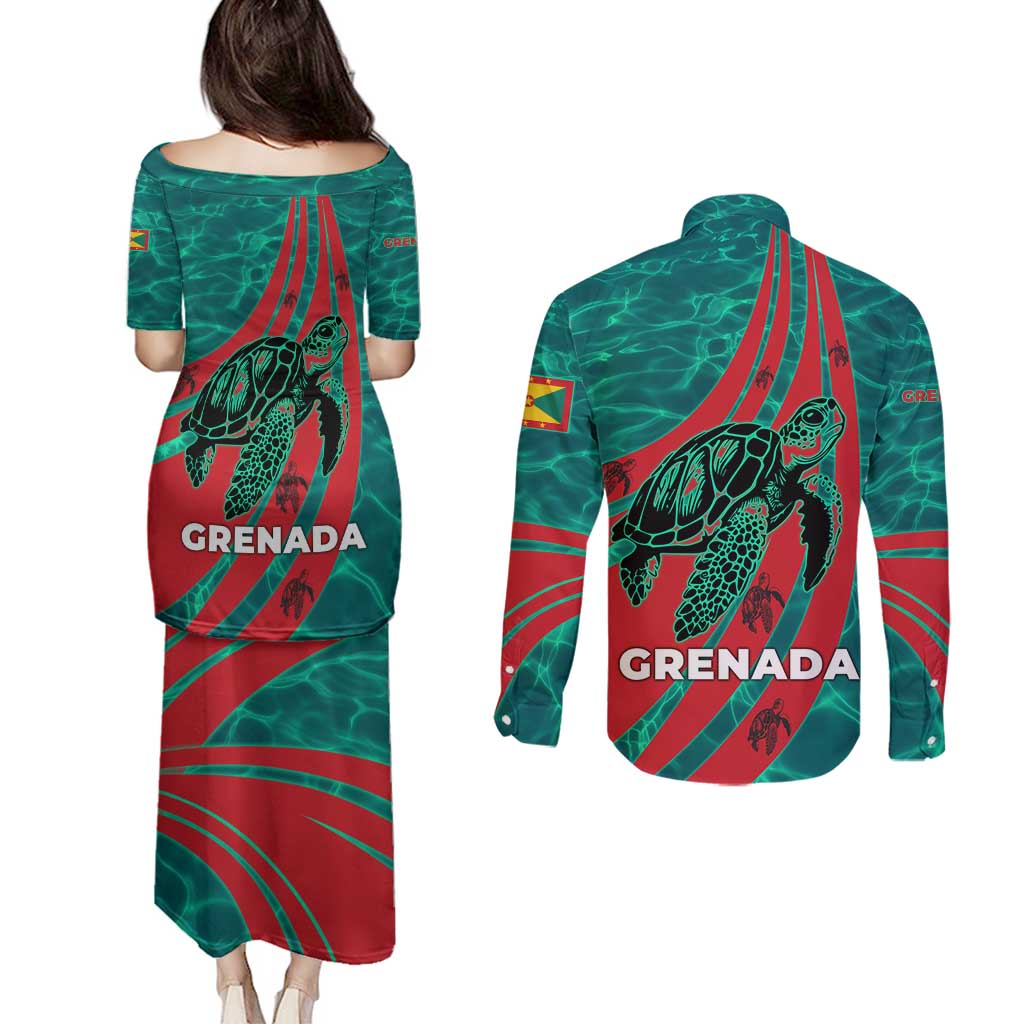 Grenada Sea Turtle Couples Matching Puletasi and Long Sleeve Button Shirt with Red Wave Stripes and Ocean Water Background - Wonder Print Shop