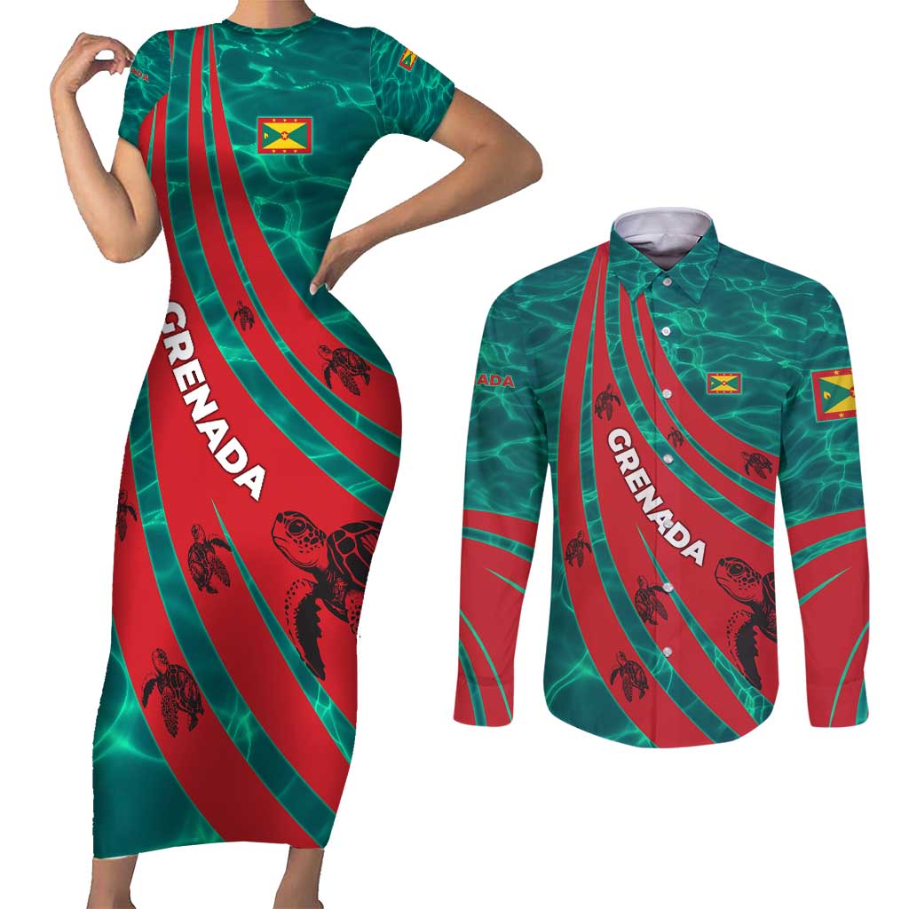 Grenada Sea Turtle Couples Matching Short Sleeve Bodycon Dress and Long Sleeve Button Shirt with Red Wave Stripes and Ocean Water Background - Wonder Print Shop