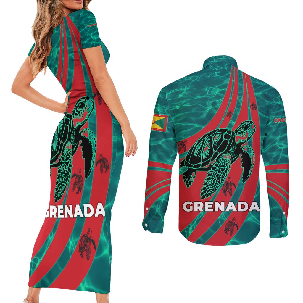 Grenada Sea Turtle Couples Matching Short Sleeve Bodycon Dress and Long Sleeve Button Shirt with Red Wave Stripes and Ocean Water Background - Wonder Print Shop