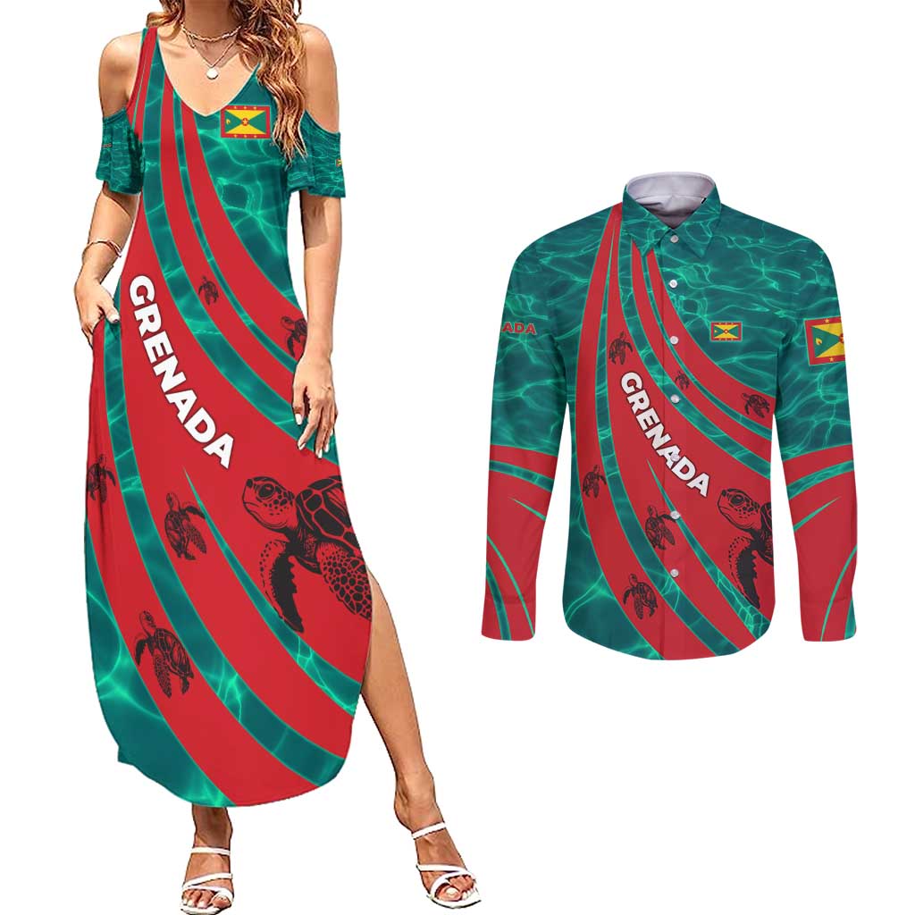 Grenada Sea Turtle Couples Matching Summer Maxi Dress and Long Sleeve Button Shirt with Red Wave Stripes and Ocean Water Background - Wonder Print Shop