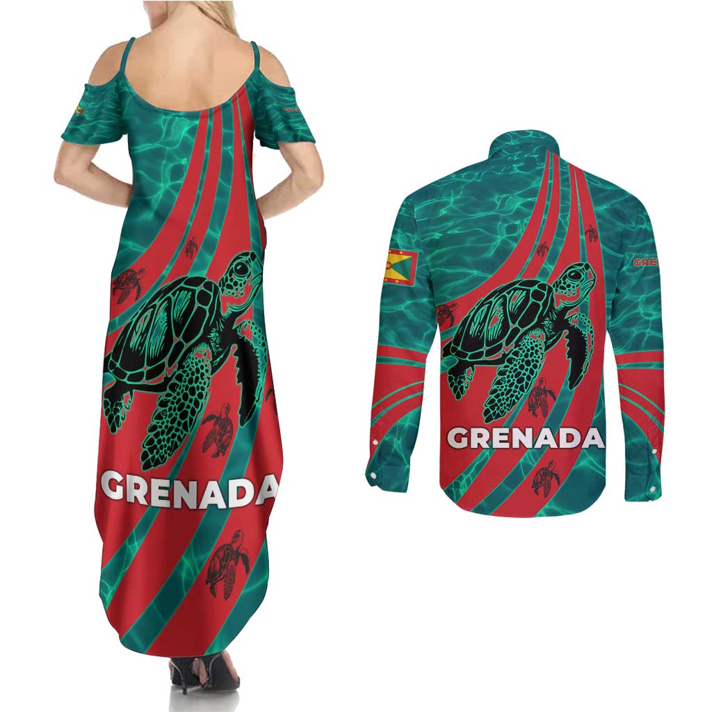 Grenada Sea Turtle Couples Matching Summer Maxi Dress and Long Sleeve Button Shirt with Red Wave Stripes and Ocean Water Background - Wonder Print Shop