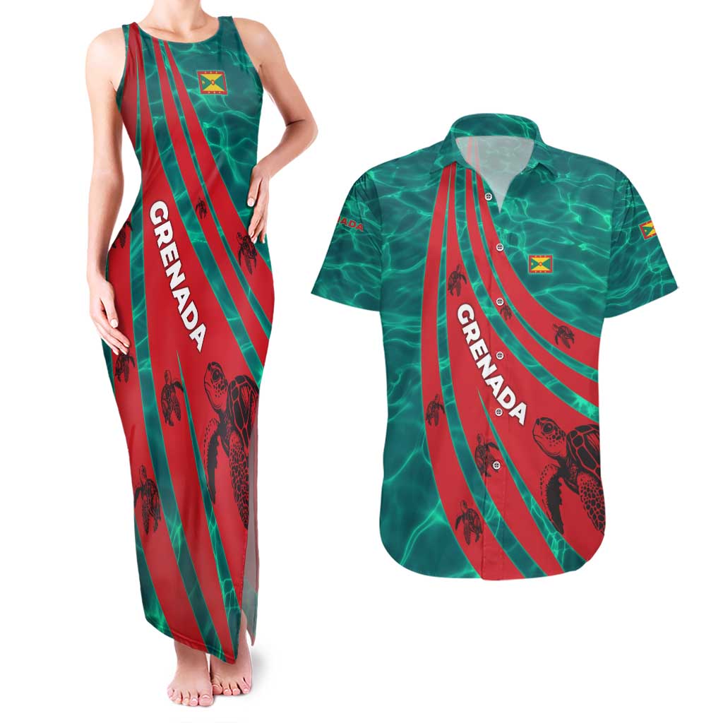 Grenada Sea Turtle Couples Matching Tank Maxi Dress and Hawaiian Shirt with Red Wave Stripes and Ocean Water Background - Wonder Print Shop